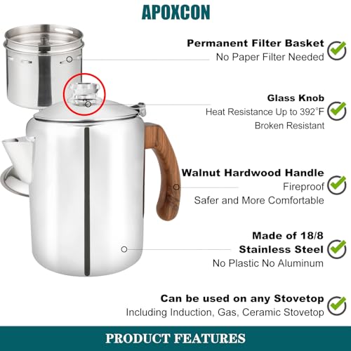 APOXCON Kaffee-Perkolatorkanne aus Edelstahl mit robustem Glasknopf und behandeltem Massivholzgriff und tropffreiem Ausgießer, Camping-Kaffeekanne, Verwendung auf jedem Herd, kein Aluminium