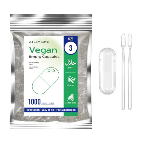 ATLEMISME Empty Vegan Capsules Size 3 - Vegan Capsules Empty (1000 Count) Empty Capsules DIY Vegetable Capsule Filling