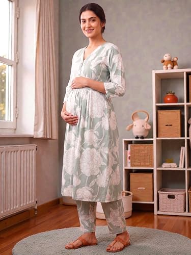 Image of RITIJYA Pure Cotton Feeding Kurta Pant Set for Women | Floral Anarkali Pregnancy Dress with Concealed Nursing Zipper Side Pocket | Pre & Post Partum | Maternity Dresses | Baby Shower Outfit
