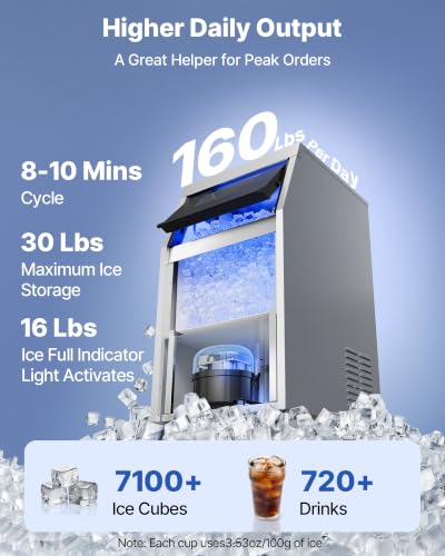 Image of VEVOR Commercial Ice Maker Machine, 160 lbs /24h with 16-30 lbs Storage Capacity, Built-in /Freestanding /Under Counter, Stainless Steel Ice Maker with LED Display & Self-Cleaning, Home Bar Restaurant