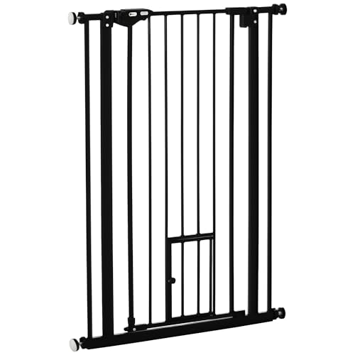 PawHut Cancellino per Cani Regolabile con Porta Piccola e Montaggio a Pressione, Barriera per Cani con Chiusura Automatica, 74-80x104.1 cm, Nero