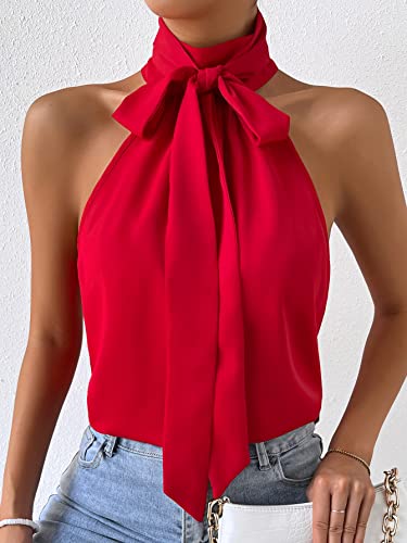 Verdusa Women's Tie Knot Halter Neck Sleeveless Blouse Shirt Top Red S #TOP4