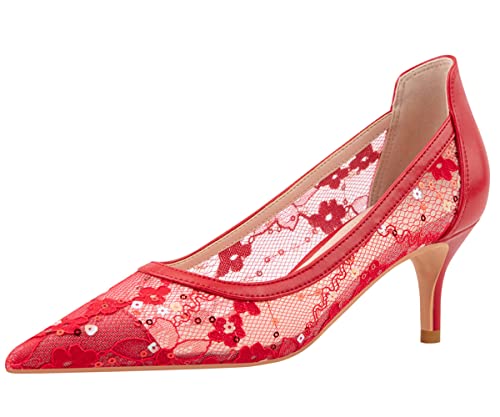 Hee grand Women Mid Heels Pointed Toe Pump Small Heels Office Shoes for Work Sexy Mesh Lace Wedding Party Dress Shoes3