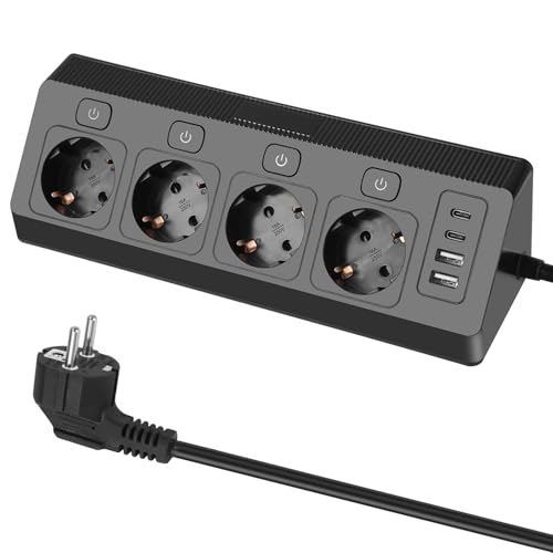 4 Fach Ecksteckdose Mehrfachsteckdose mit USB, Mehrfachsteckdose Steckerleiste mit 2 USB und 2 Type-C, 8 in 1 Überspannungsschutz mit 2M Kabel für Smartphones Tablets, Hause, Weiß