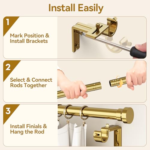 Image of YaFex Curtain Rods 32-84 Inch, Heavy Duty 1 Inch Adjustable Worm Gold Curtain Rod for Windows, Brass Metal Long Window Treatment Rods