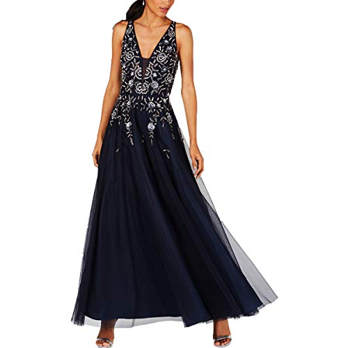 Adrianna Papell Beaded Mesh Long V-Neck Gown Navy 8