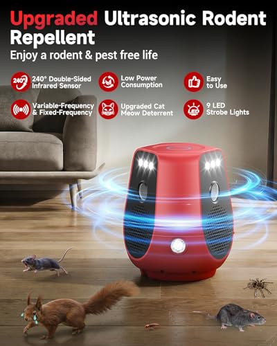 Image of Mouse Repellent Ultrasonic Plug in, 360 Ultrasonic Rodent Repellent with PIR Sensor & LED Strobe Light, 3 Modes Mice Repellent for Indoor, Electronic Pest Control Devices for Spider, Cockroach, Ant