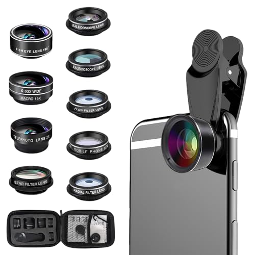 10 en 1 - Kit universal de lentes para teléfono móvil, ojo de pez, gran angular, macro, convertidor de eleconverter, polarización CPL, caleidoscopio, luz de estrellas, flujo de agua, radial, tres