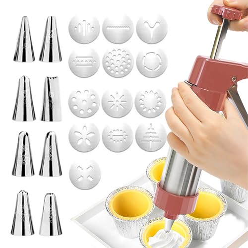 Presse à Spritz,Matériel de Pâtisserie Manuel en Acier Inoxydable - Set avec 13 Disques et 8 Douilles pour Façonnage de Pâte,Pour Pâtes à Biscuits, Pizzelle, Gâteaux et