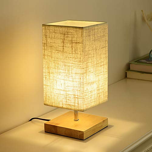 Mengjay Lampe LED de Table Chambre Rectangulaire Abat-jour Tissu Socle en Bois Léger, Lampe de Chevet pour Lecture de Nuit avec Culot E27 et Prise, dans Salon Bureau (Ampoule non incluse)