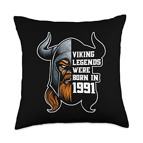 Norse Vikings Beard Helmet 1991 Birthday Norseman Viking Legends Born 1991 Birthday Odin Valhalla Throw Pillow, 18x18, Multicolor