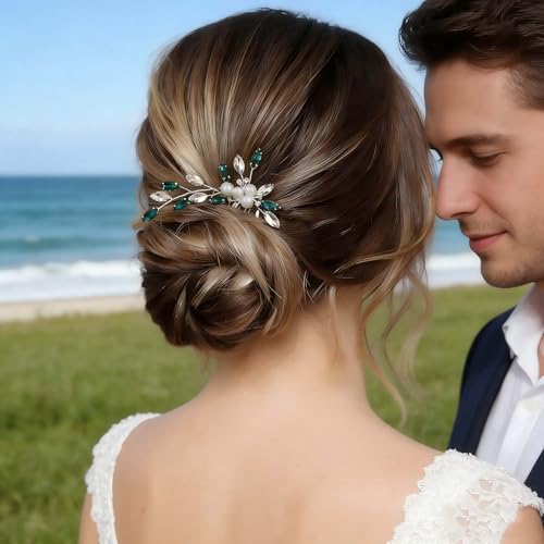 Cybche Peigne De Mariage En Cristal Perle Pour Les Mariées Peigne De Cheveux En Cristal Vert Strass Fait À La Main De Mariée Feuille Émeraude Cz Côté Perle Accessoires De Cheveux De – vue 8