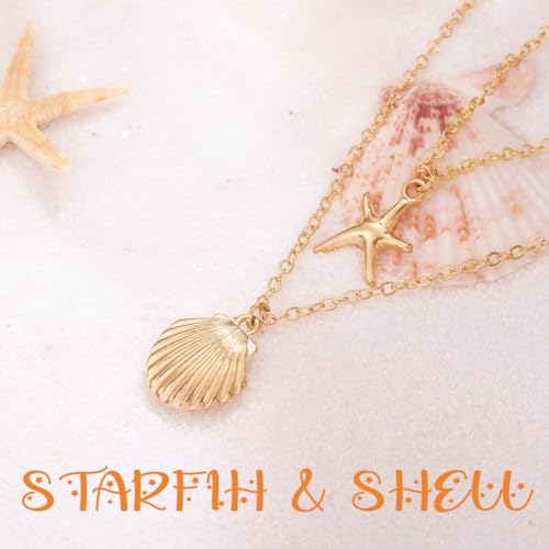 Tgirls Boho Layered Starfish Necklace Seashell Pendant Necklaces Chain for Women3