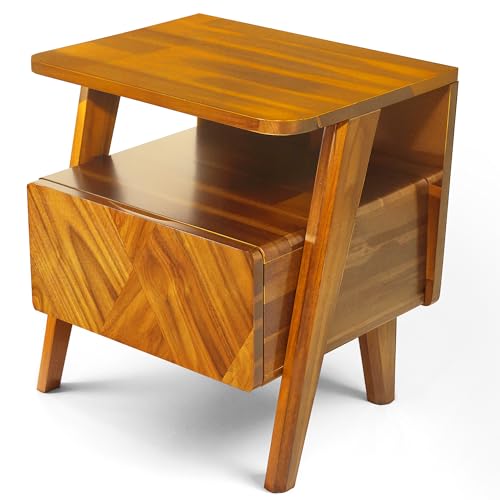 Image of Rum Nightstand with Drawers, Solid Acacia Wood Bedside Table with Drawer & Open Shelf, Handcrafted Wood Grain End Table, Scratch & Water-Resistant, Durable & Easy Assembly (Caramel, Rum)
