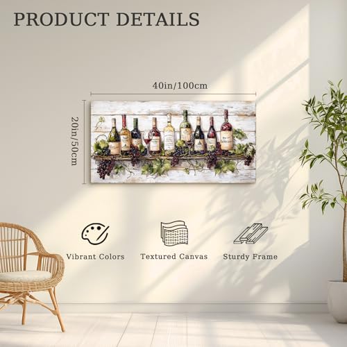 crmotu Wine Bottle Still Life Wall Art, Vintage Kitchen Large Canvas Paintings, Rustic Dining Room Artwork for Walls, Modern Pictures Wall Decor for Home Bar Wine Tasting Room Art Prints 20x40inch