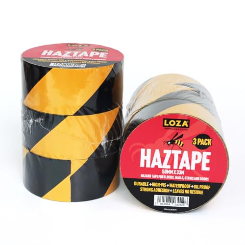 HAZTAPE Yellow & Black Hazard Tape. 3 rolls 50mm x 33m tough Floor Marking Tape, Residue-Free, Water/Oil Proof, Safety Tape / Hi-Vis Hazard Warning Tape for demarcation zones (3, Yellow & Black, 99m)