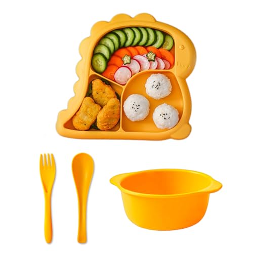 Baby Teller, Rutschfest Kindergeschirr Set, PP Babygeschirr für Kühlschränke und Mikrowellen, Teller kinder Geteilte Esslernteller, Baby Essen Zubehör für Kleinkind und Kinder, Gelb Dinosaurier