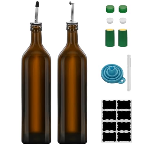 eispap 2Pcs 33 oz Olive Oil Dispenser Bottle,1000ml Glass Oil and Vinegar Dispenser Set with Pourers and Funnel ，Oil Bottles for Kitchen Large capacity oil bottles (Brown 2pcs)
