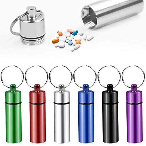Jinlaili 6 stuks draagbare aluminium pillendoosjes, aluminium pillendoos, sleutelhanger, waterdicht, medicijnenpillendoos, capsulepillendoos, pillendoos, aluminium voor outdoor, sport, camping,