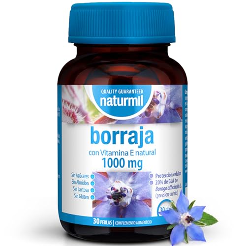 Aceite de Borraja 1000 mg con GLA 20% y Vitamina E Natural - Borago Officinalis Prensado en Frío - Contribuye a la Protección Celular y al Bienestar de la Piel - 30 Perlas - Naturmil - DietMed