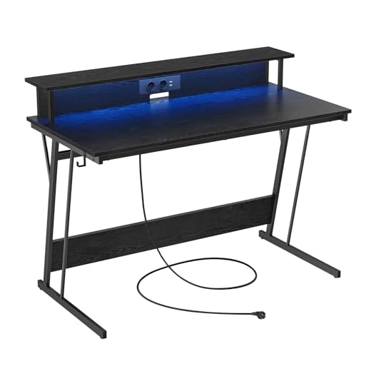 VASAGLE Scrivania da Gaming con Luci LED e Prese di Corrente, Scrivania da Computer, Supporto per Monitor, Tavolo per 2 Monitor, Ufficio, Camera da Letto, 60 x 120 x 76 cm, Nero Ebano LWD192B56
