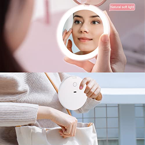 Linccras Compact Mirror With Light And Magnification, Rechargeable Dimmable Travel Mirror, 1X/2X Magnification Led Travel Makeup Mirror For Handbag, Pocket, Handheld 2-Sided Makeup Mirror #TOP6