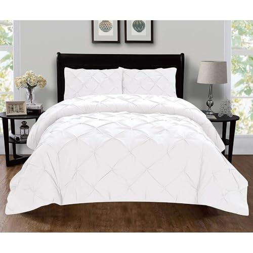 Silky Soft 3 Piece Pretty Pleated Pintuck Tufted Design Boho Duvet Cover Full/Full - Queen Size | All Seasons Bright White Color Shabby Chic Bedding Aesthetic Luxury Look Stain Wrinkle Free