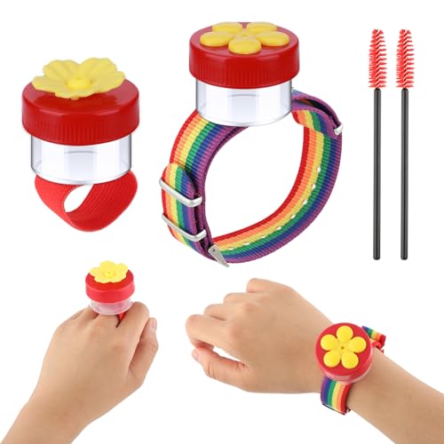 AHQiZFX Hummingbird Wrist Feeder Set, 2 Pack Ring and Wrist Adjustable Hummingbird Hand Feeders with 2 Cleaning Brush Mini Hand Held Flower Hummingbird Feeders for Outdoor (Rainbow)