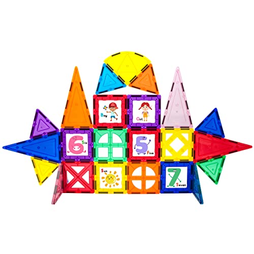 PicassoTiles 42 Piece Magnetic Building Blocks with 32pc Tiles and 10pc Click-in Educational Graphic Arts Magnet Construction Toy Set STEM Learning Playset Child Brain Development Stacking Playboard