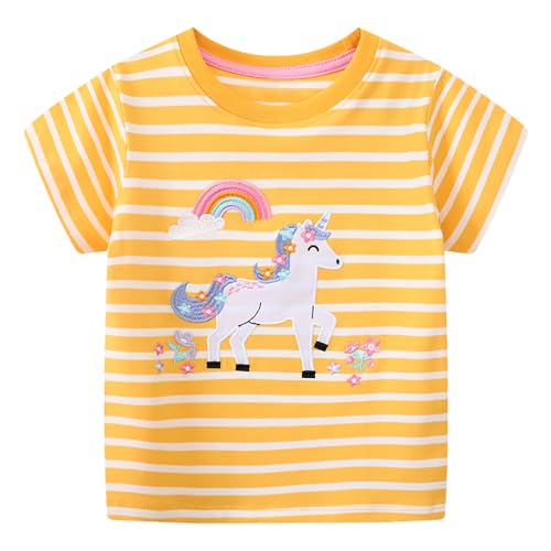 Image of Toddler Girls T-Shirt Short Sleeve Shirt Unicorn Bunny Print Cute Summer Tops Tees Dinosaur Graphic