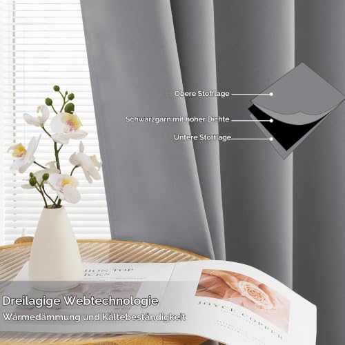 MRTREES Vorhang Blickdicht Gardinen Thermovorhang mit Ösen Verdunklungsvorhang Ösenschal Vorhänge Kurz Modern 160×140cm(H×B) Hellgrau 2er… – Ansicht 3