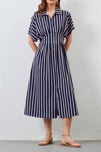 Image of Women's Striped Button Front Pleated Maxi Shirts Dress Short Sleeve Collar V Neck Summer Casual Corset Long Dress