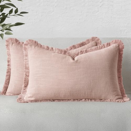 Image of MIULEE Linen Fringe Decorative Lumbar Throw Pillow Covers Light Pink 12x20