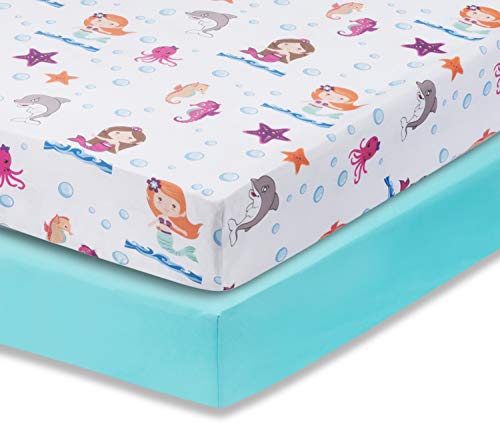 Image of Everyday Kids 2 Pack Fitted Girls Crib Sheet, 100% Soft Breathable Microfiber Baby Sheet, Fits Standard Size Crib Mattress 28in x 52in, Nursery Sheet - Mermaid/Aqua