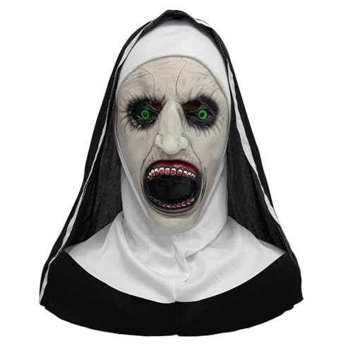 CHENYIZDQ Woman Scary Nun Cosplay Costume Terror Monastery Cosplay Costume Black Wear For Nun And Cross Halloween Party (Silicone Mask One Size)