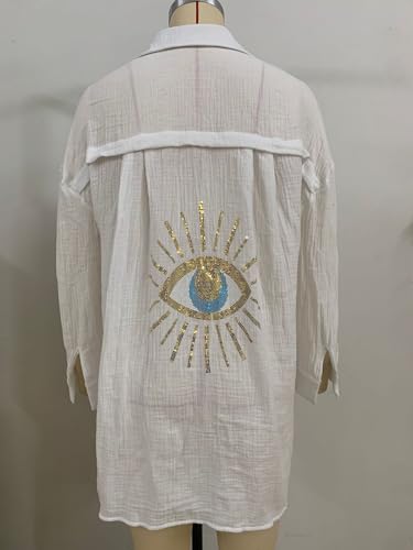 GGOOB Oversized Sequin Evil Eye Shirts Long Sleeve Linen Button Down Shirt Women Beach Cover Ups Summer 20244