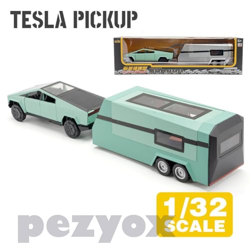 Image of 1:32 Scale Die-Cast CyberrTruck Pick-Up Trailer with 6 Openable Doors Pull Back Action,Lights & Music (Emerald Green)