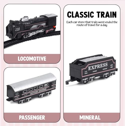 Image of VU Toys Small Black Train 19026B (3+ Years) - Battery Operated Steam Engine with Coal & Passenger Coach 10 (30 Inch) Round Track - Vintage Style Toy Train with Lights & Sound for Kids
