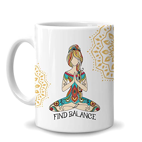 HYTURTLE Gifts for Yoga Lover Girl Yogi Teacher Instructor - Birthday Christmas - Find Balance Girl Meditation Spiritual 325 ml White Ceramic Coffee Tea Mug for Girl Women Friend Mom Daughter