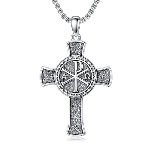 MEIDERBO Chi Rho Cross Necklace 925 Sterling Silver Chi Rho Alpha Omega Symbol PX XP Pendant Religious Lord Jesus Christian Constantine Jewelry for Men Women