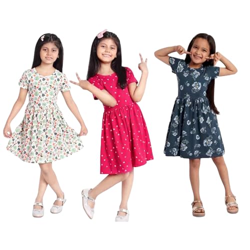 Image of NewLadiesZone Girls Pure Cotton Casual Round neck regular feet Multi Color Girls Gown dress Half Sleeve set of 3 pcs