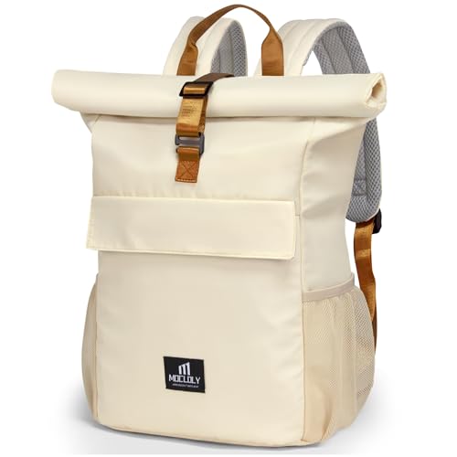 MOCLOLY Laptop Backpack Damen & Herren - Wasserdicht - Mit Laptopfach Klein Travel Rolltop Rucksack, Beige Elegant Reiserucksack für Uni Business Arbeit City Reise