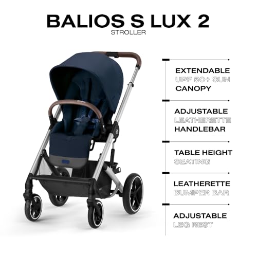 Image of Cybex Balios S Lux Toddler and Baby Stroller with Reversible Seat, Unique One-Pull Harness, and Multiple Recline - Travel System Ready, with One Hand Fold, Silver Frame /Ocean Blue Seat