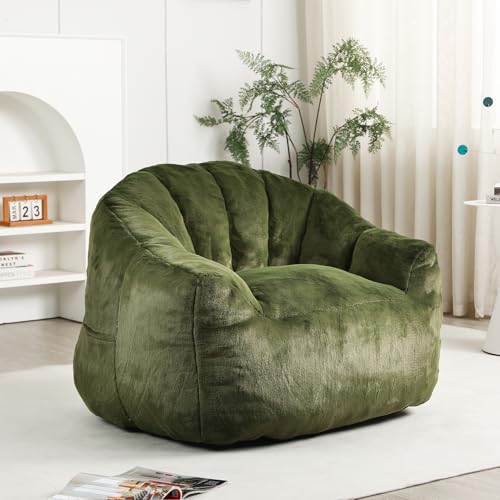 Image of Bean Bag Chair with Arms for Adults - Furry Lazy Sofa, Armrests Stuffed High-Density Foam Filler Chair, Small Cozy Reading in Bedroom Living Room and Dorms (Green)