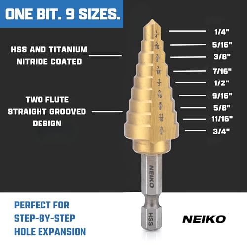 Image of NEIKO 10607A Step Drill Bit, 9 Steps 1 /4 inch to 3 /4 inch Straight High Speed Steel, Titanium Nitride Coated, 1 /4 inch Quick Change Step Bits for Steel, Metal, Wood, Plastic, Unibit Cone Drill Bits, Two Flute