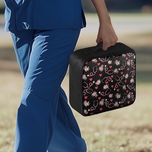 Image of Gomyblomy First Aid Bag Empty Stethoscope Flowers Small Medicine Bag Travel Medical Supplies Storage Bag with Zippers and Handle Black First Aid Pouch for Home School Dorm