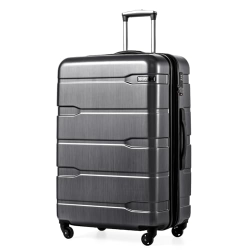 Coolife Expandable Large Checked Luggage Hardside PC+ABS Suitcase with TSA Lock, Lightweight Rolling Carry On with Spinner Wheels(Charcoal, 28in)