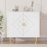 TOLEAD Storage Cabinet, Modern Accent Cabinet with Decorative Diamond Pattern Doors, Accent Sideboard Storage Cabinet for Living Room, Kitchen, Hallway, White