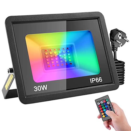 wowspeed Foco LED RGB 30W ,Foco Proyector con Control Remoto,16 Colores & 4 Modos Función Memoria Proyector LED para Interior,Impermeable IP66 Focos LED con Enchufe para Jardín,Partido,Navidad,1 Pack