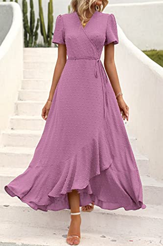Image of PRETTYGARDEN Women's Summer Wrap Maxi Dress Casual Boho Floral V Neck Short Sleeve Ruffle Hem Split Beach Long Dresses